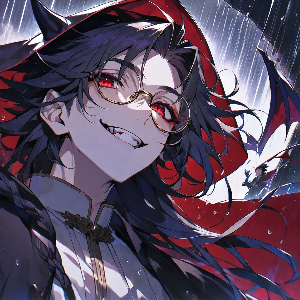 solo, handsome,
1 male,
long hair,straight hair,Braided black hair, devil,
red eyes, Gojo Satoru,casual, Prince,cloak ,black court,cool,smile ,Round Glasses,Put on the hood,rain, vampire,BLOOD,PIERROT, priest, magic,
black background,look up,Face close-up
