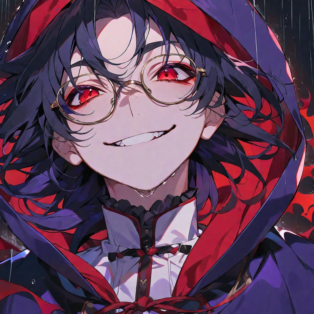solo, handsome,
1 male,
long hair,straight hair,Braided black hair, devil,
red eyes, Gojo Satoru,casual, Prince,cloak ,black court,cool,smile ,Round Glasses,Put on the hood,rain, vampire,BLOOD,PIERROT,
black background,look up,Face close-up