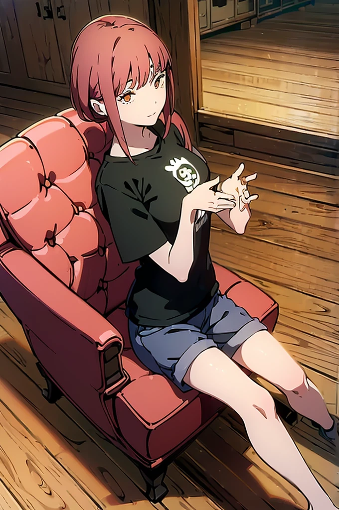 ((((Obra maestra, La mejor calidad, ultrahigh resolution)))), 1girl, sitting on the sofa, (baggy black t-shirt, white lounge wear shorts, back hair, dark black hair over eye)), long hair cut, pale skin, ((brown eyes)), glowing_eyes, neon eyes, (ultra detailed eyes:0.7, beautiful and detailed face, detailed eyes:0.9), ((centered)), smile, ((wide shot)), facing viewer,  large breasts, (looking at viewer), ((half closed eyes)), empty eyes, beautiful lighting, defined subject, 16 years old, ((cool looking)), ((from above, wide shot))