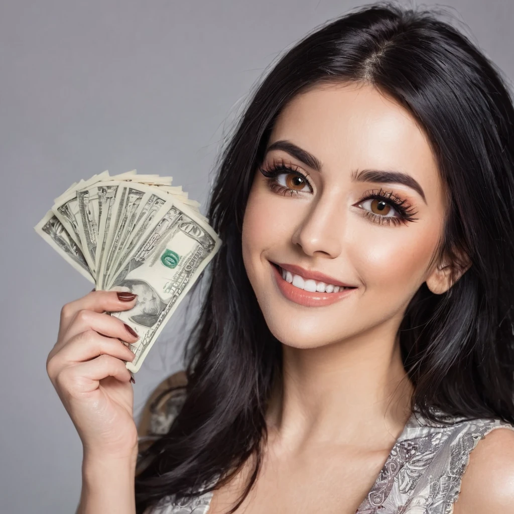
bearded woman beautiful shaggy beard, black hair, brown eyes, eyeliner, proud smile, seductive look, hold a load of dollar bills