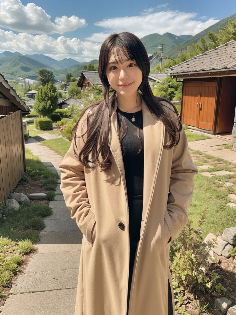 rie,One Woman,(best quality), (ultra detailed), (absolutely resolution),Face is front, 20-year-old, Taunt, Trench coat and wide pants, The color of the dress is lavender, The clothes are plain, Brown Hair, Hakuba Village in Nagano、A rural landscape with the Northern Alps in the background