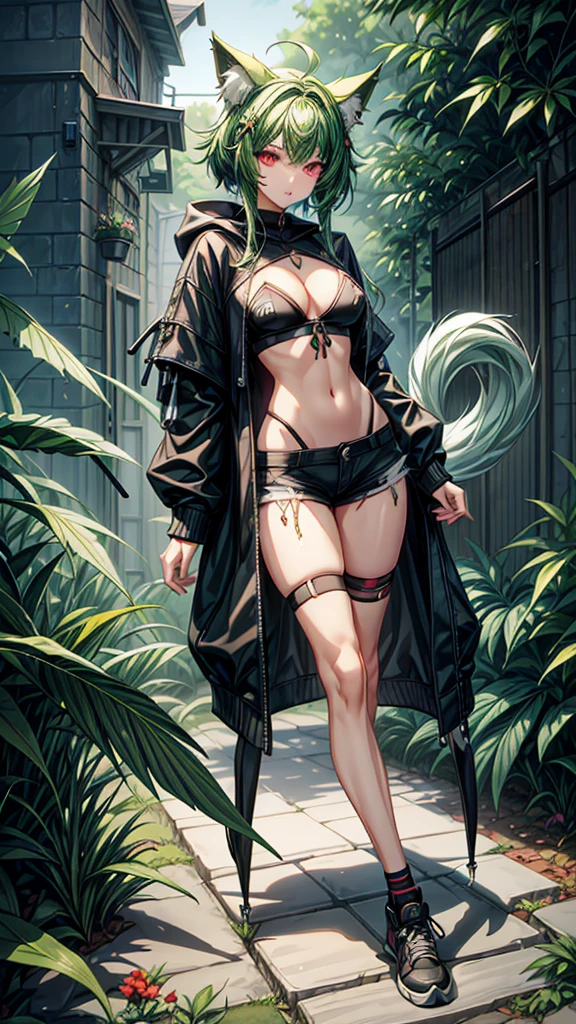 , Croped, , cleavage, slim waist, cropped hoodie underboob, cropped hoodieunderboobhoodie, 1girl, 2 wolf ears, wolf tail, marijuana crop hoodie, crop shorts, marijuana hoodie, spiky hair, spiky fur, green hair, red eyes,marijuana field, tight clothes, perfect eyes, perfect hands, clear resolution, full body, cleavage skin, marijuana plants, open hoodie, marijuana scenery, black thigh high socks, full body, earrings, 1girl, skirt, cleavage, slim waist, cleavage, slim waist, hair pulled back,
