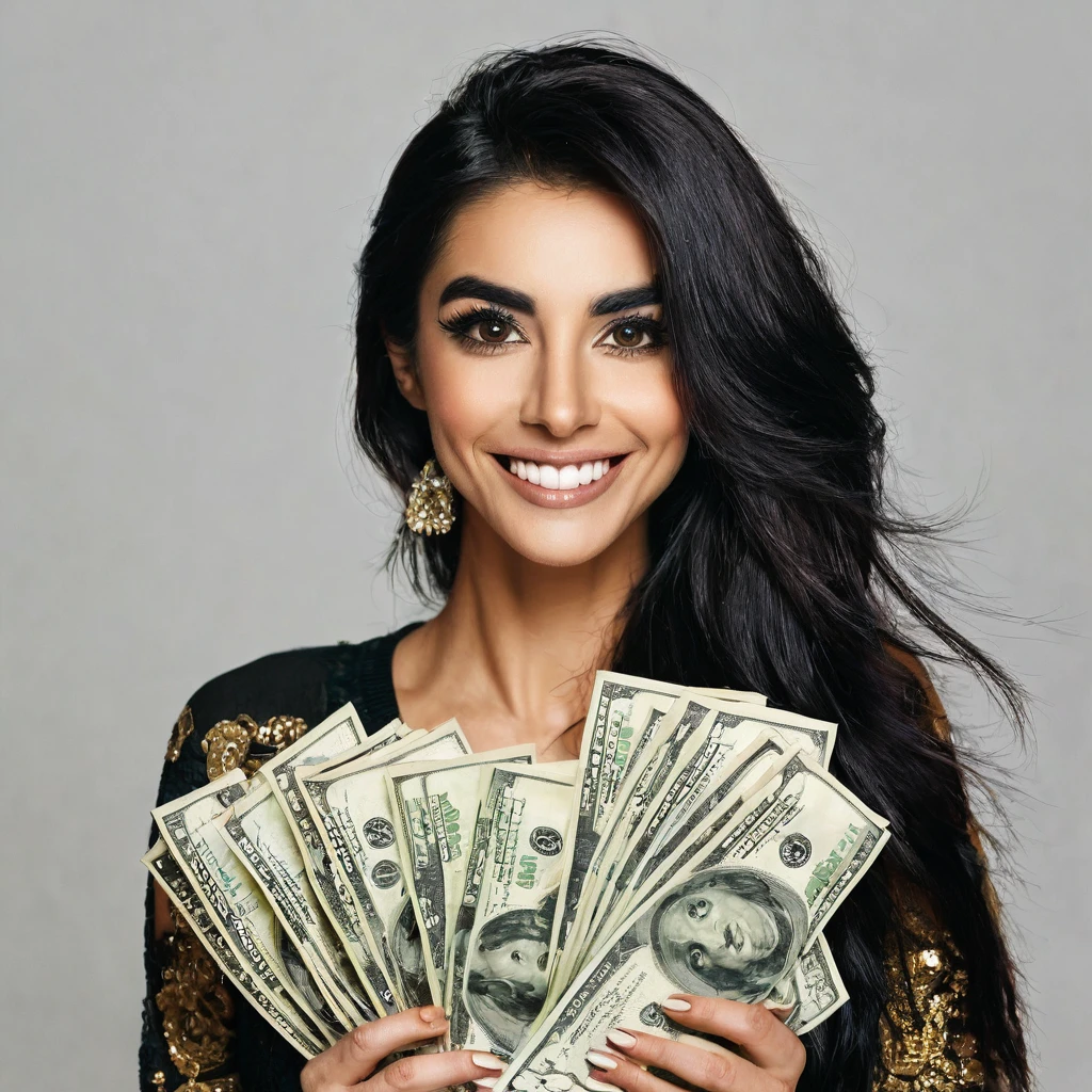 bearded woman beautiful shaggy beard, black hair, brown eyes, eyeliner, proud smile, seductive look, hold a load of dollar bills
