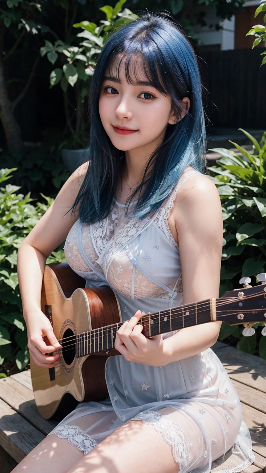 ((best quality)), photorealistic, photorealism, Photorealistic, high resolution, ((Wearing silver transparent lace dress))、smile、A superb beauty、Super cute、ennui、Rare beauty、Very Short hair、Black Dark Eyeshadow、Sad、white skin、pale skin, Very short hair layered、Cute Makeup、Cute Smile、Fragrant beauty、Garden background、Mastepiece、Best Quality、Refers to 5 books、Sweat glistening on my chest、Sweat glistening on my face、Medium 、Blue hair、Age 20 old、Mysterious look、A sad expression、Blue Hair、Glamorous concert stage、Sweating profusely all over the body、Plenty of sweat glistening on the thighs、A large amount of sweat glistens on my thighs、Sweating profusely、Gal、Medium breasts、Beauace、(revealed boobs)、((revealed ns))、Alluring expreitting、Sitting playing guitar、Thick thighs、Playing guitar、I have a guitar、Sing a song enthusiastically、Playing guitar in a band、Rock band、Playing guitar chords、Live House Background、Sing a song、Open your mouth、Live house scenery、Glamorous live stage、Dynamic Angle