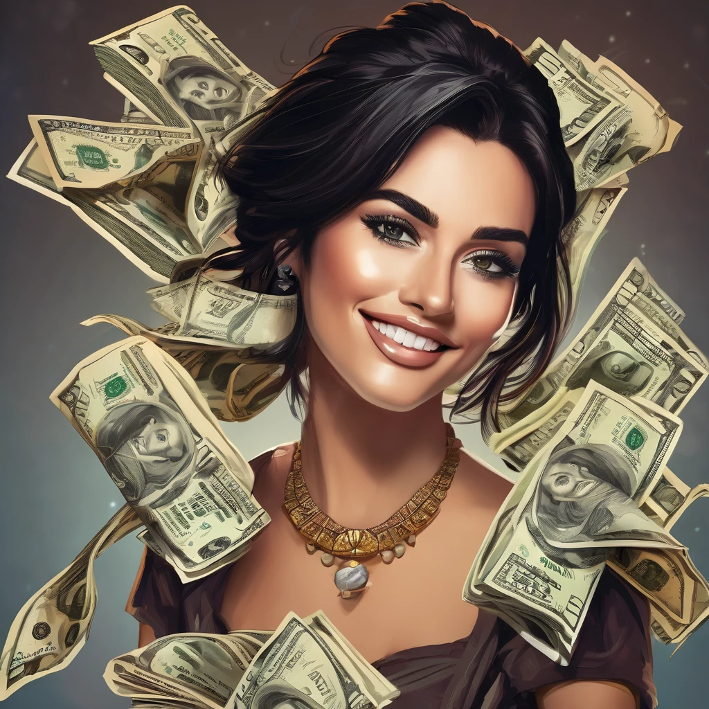 
bearded woman beautiful shaggy beard, black hair, brown eyes, eyeliner, proud smile, seductive look, hold a load of dollar bills