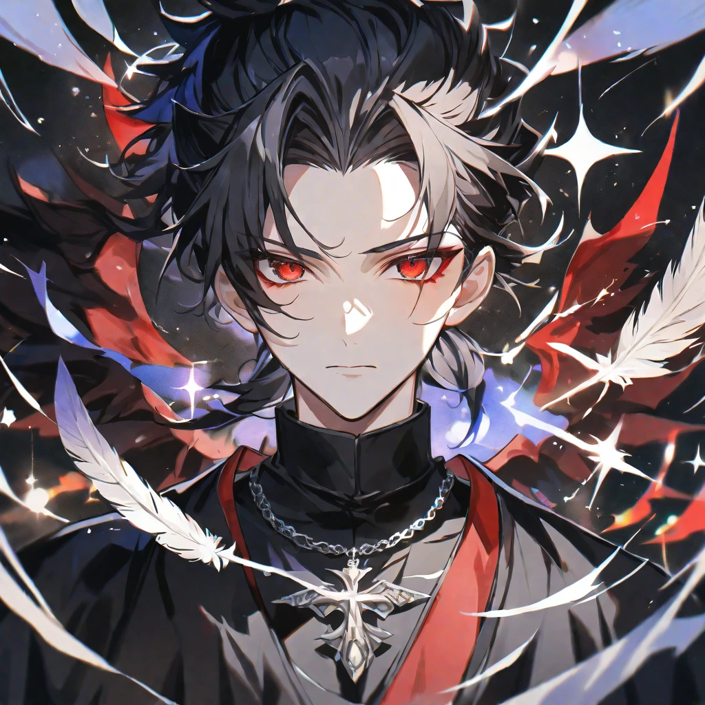 Solo,handsome,Watercolor,
delicate,4K,
1. male,
black hair and half White hair, ponytail,
red eyes,
black angel's feather,
a black oversized T-shirt,
silver necklace,devil,King, priest, magic,
improvement of face, front, sparkle,Face up,
black background