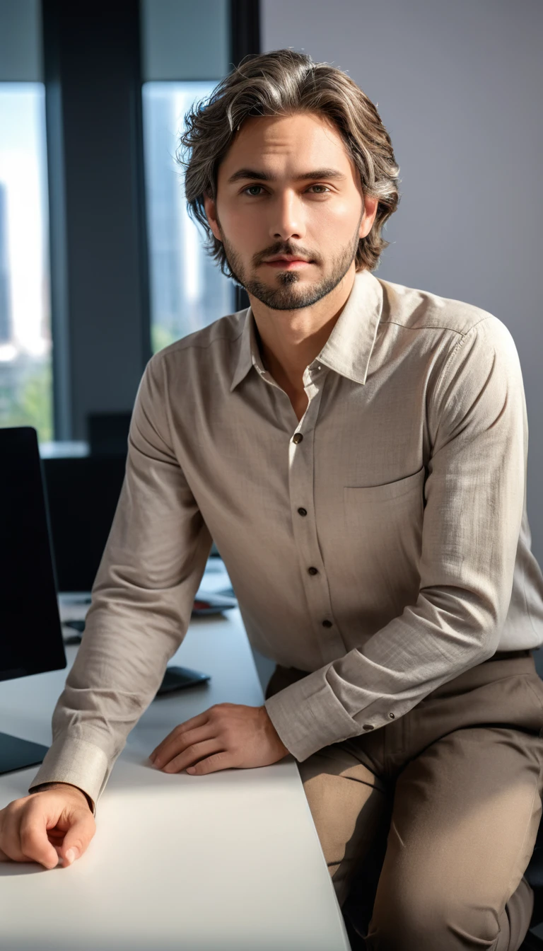 photo of (Man), RAW, man of average beauty, (short hair, gray brown, straight/wavy), in office, leaning against desk, social clothing, unbuttoned shirt, (full body :1.3), (masterpiece) (perfect aspect ratio)(realistic photo)(best quality) (detailed) (8k) (HDR) (wallpaper) (cinematic lighting) (sharp focus) (intricate)