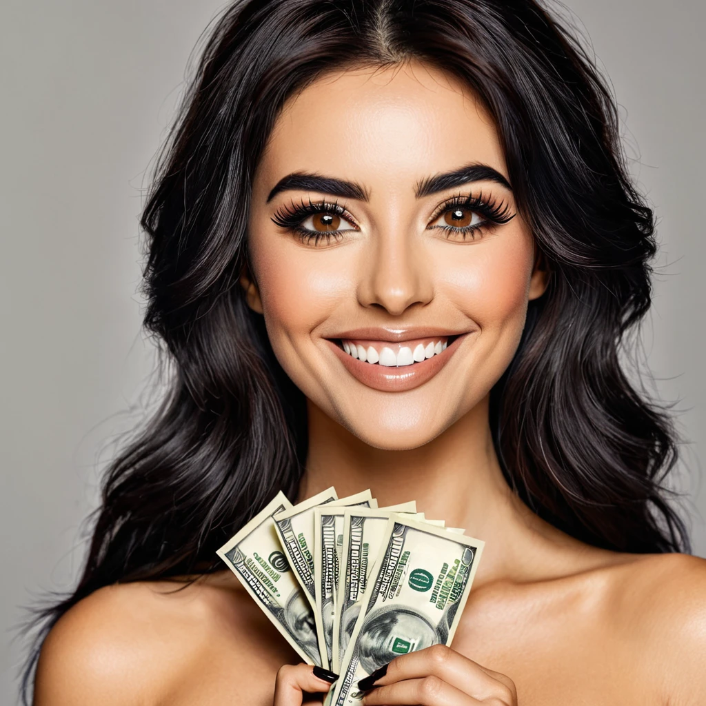 bearded woman beautiful shaggy beard, black hair, brown eyes, eyeliner, proud smile, seductive look, hold a load of dollar bills