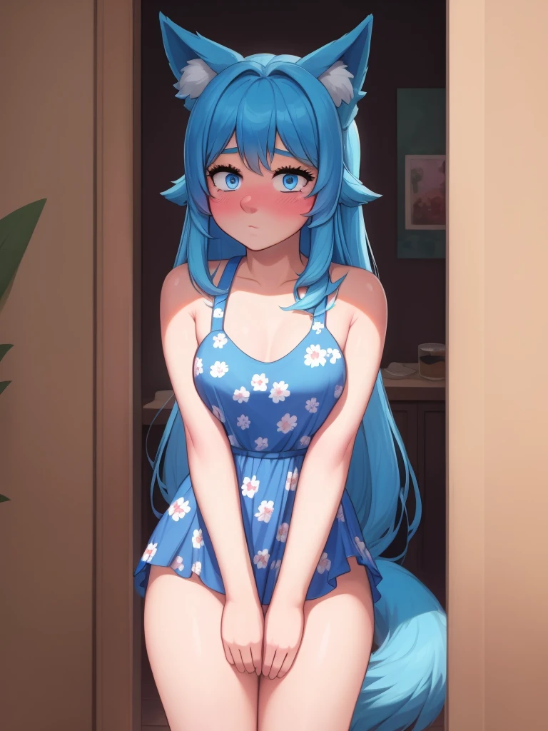 (Masterpiece) (High Detail) (High Res) A close up of a short humanoid girl with pale human skin and blue eyes and long blue hair and blue dog ears and a fluffy blue dog tail and average breasts. She is stood in the corner at a house party. She is wearing a summer dress with a floral pattern on it. She has her hands behind her back out of shot. She has blushing cheeks and looks nervous.