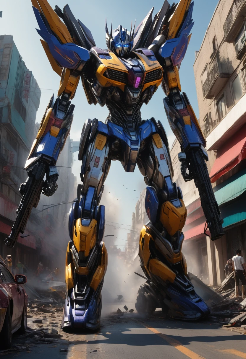 8k,4k,1 shot,(female robot),super realistis, extremely detail,super detail arche from transformers,arche,walking,chaos city,many broken car,use the gun,war,agains enemy