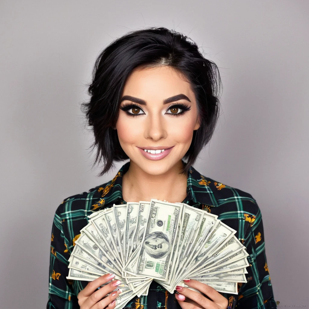 
bearded woman beautiful shaggy beard, black hair, brown eyes, eyeliner, proud smile, seductive look, hold a load of dollar bills