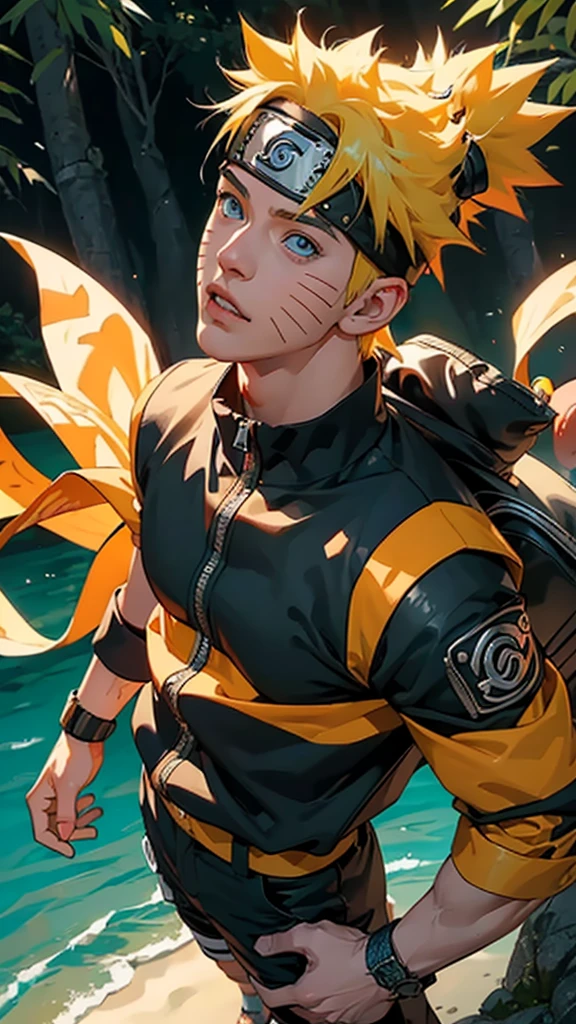 full body of naruto uzumaki,masterpiece, best quality, full detailed, 1boy, handsome,male,looking at viewer, naruto, naruto uzumakidetailed blue eye,naruto uzumakiyellow hair,naruto uzumaki konoha realistic detail leaf headband,naruto uzumaki eye realistic,naruto uzumaki nose realistic,naruto uzumaki mouth realistic,naruto uzumaki skin realistic,naruto uzumaki face realistic,head realistic,body realistic, background art cinematic,backpack,big eye sharp, photorealistic, photoshoot, only three line in face.