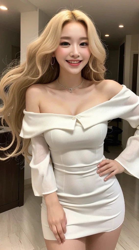 Surreal beautiful woman with blonde wavy hair and a big smile on her face.South Korea.Pure white off-shoulder low-cut dress.role play