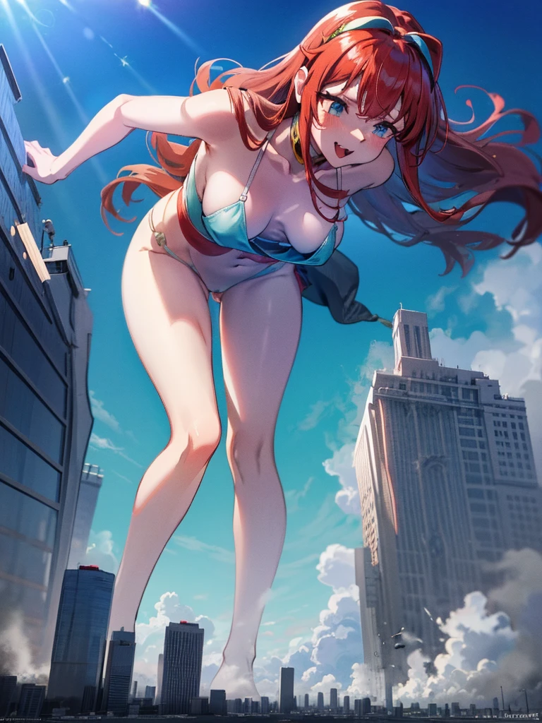 Giantess appears from underwater in front of a giant cruise ship, the cruise ship looks very small in front of her because it is giant, she is naked, she has red hair and white skin, she has small breasts but very sexy legs and her body is very curvy. Goddess, Attack, giant, cruise ship, naked, sexy, hot, ocean, in middle of the ocean, without buildings, High quality, Red hair, hottest, tall girl, sexy legs, monster girl, cruise ship, giant cruise, attacking, evil, mad