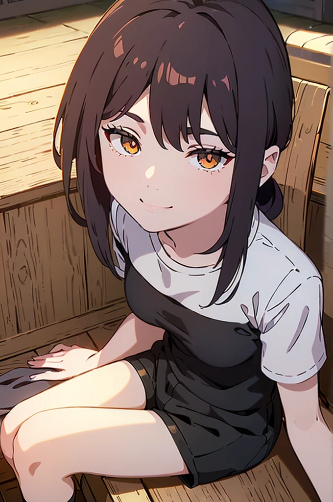((((Obra maestra, La mejor calidad, ultrahigh resolution)))), 1girl, sitting on the sofa, (baggy black t-shirt, white lounge wear shorts, back hair, dark black hair over eye)), long hair cut, pale skin, ((brown eyes)), glowing_eyes, neon eyes, (ultra detailed eyes:0.7, beautiful and detailed face, detailed eyes:0.9), ((centered)), smile, ((wide shot)), facing viewer, large breasts, (looking at viewer), ((half closed eyes)), empty eyes, beautiful lighting, defined subject, , ((cool looking)), ((from above, wide shot))