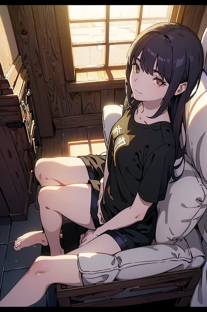((((Obra maestra, La mejor calidad, ultrahigh resolution)))), 1girl, sitting on the sofa, (baggy black t-shirt, white lounge wear shorts, back hair, dark black hair over eye)), long hair cut, pale skin, ((brown eyes)), glowing_eyes, neon eyes, (ultra detailed eyes:0.7, beautiful and detailed face, detailed eyes:0.9), ((centered)), smile, ((wide shot)), facing viewer, large breasts, (looking at viewer), ((half closed eyes)), empty eyes, beautiful lighting, defined subject, , ((cool looking)), ((from above, wide shot))