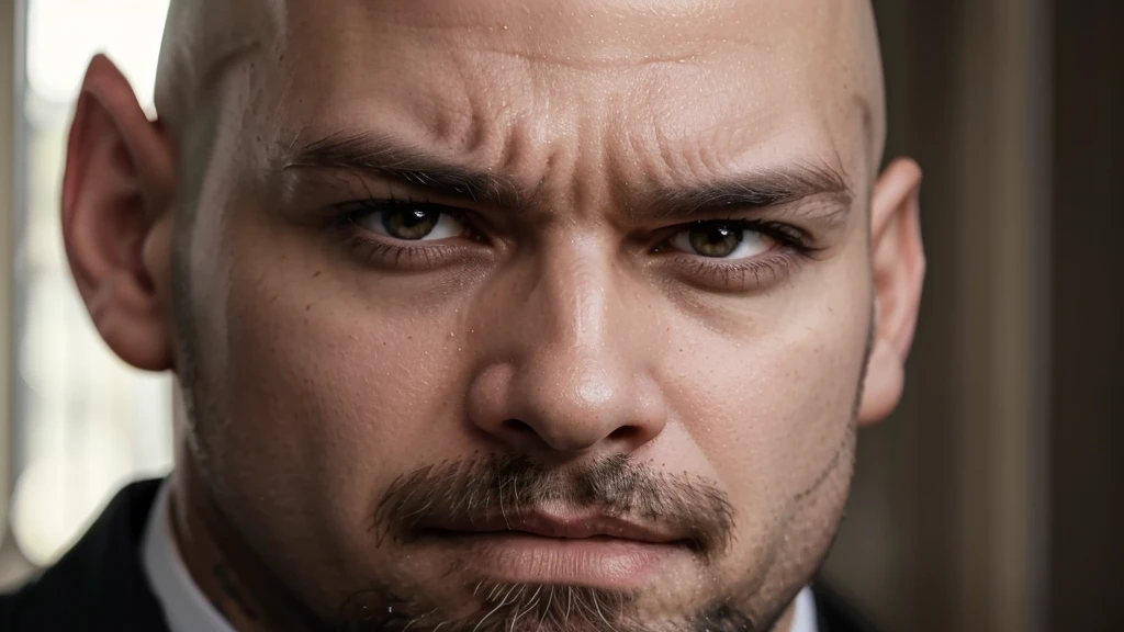 bald andrew tate, goatee beard, classic suit, arrogant domineering manly intense focused angry, aggressive, close up face
