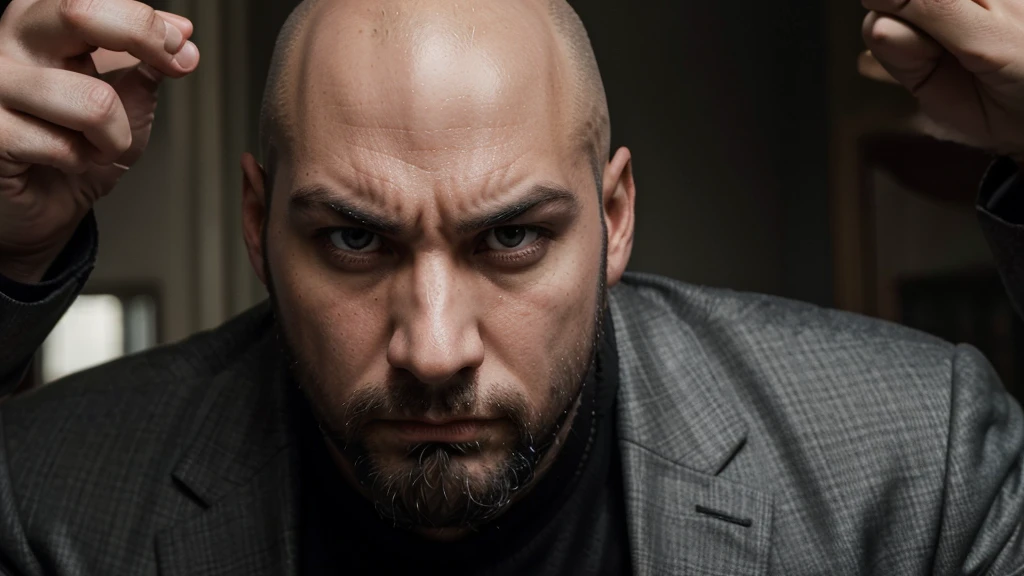 bald andrew tate, goatee beard, classic suit, arrogant domineering manly intense focused angry, aggressive, close up face