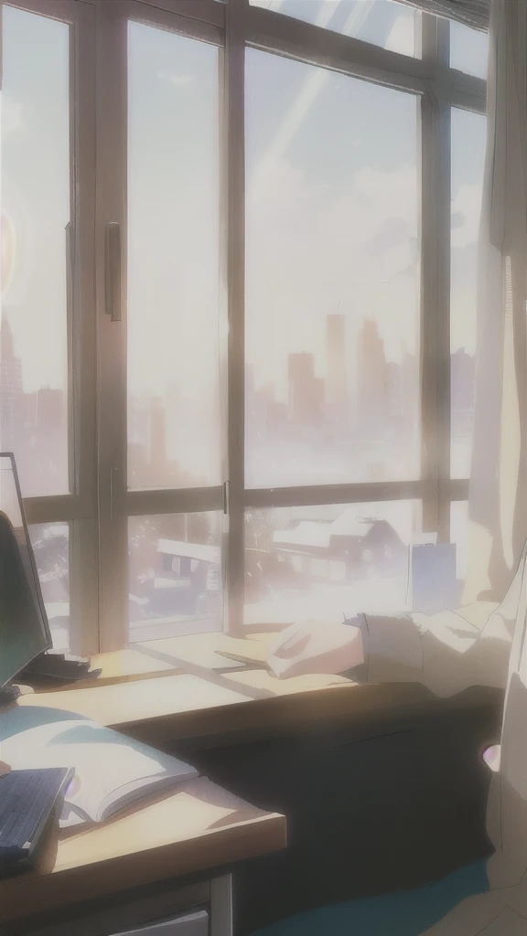 a girl sitting at a desk in front of a window, working on a computer in a cozy anime-style studio, detailed digital painting, sunlight streaming through the window, cityscape background, Makoto Shinkai art style, intricate background details, soft lighting, warm color tones, high-quality, high resolution, photorealistic, 8k