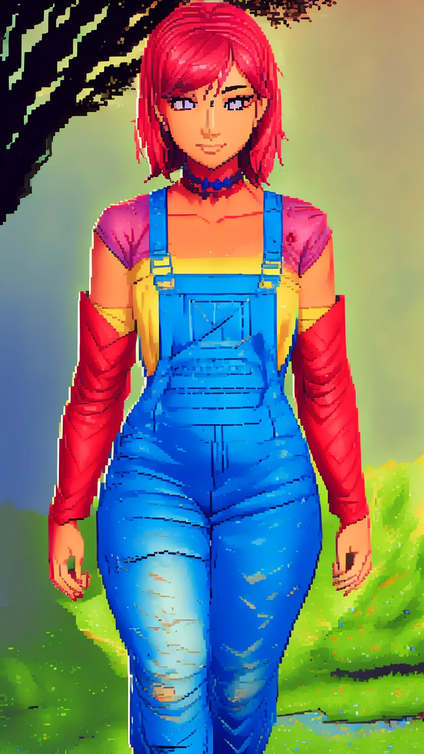 , sad, farm backround, Full body, looking at viewer, 1girl, solo, short pink hair, (dark blue choker), (dark blue denim overalls), (purple eyes), (pink boots), (white shoulder lantern sleeve blouse, tucked in pants