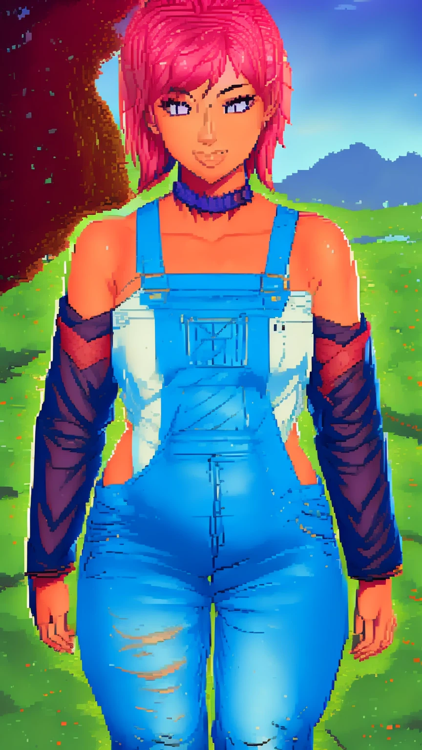 , sad, farm backround, Full body, looking at viewer, 1girl, solo, short pink hair, (dark blue choker), (dark blue denim overalls), (purple eyes), (pink boots), (white shoulder lantern sleeve blouse, tucked in pants