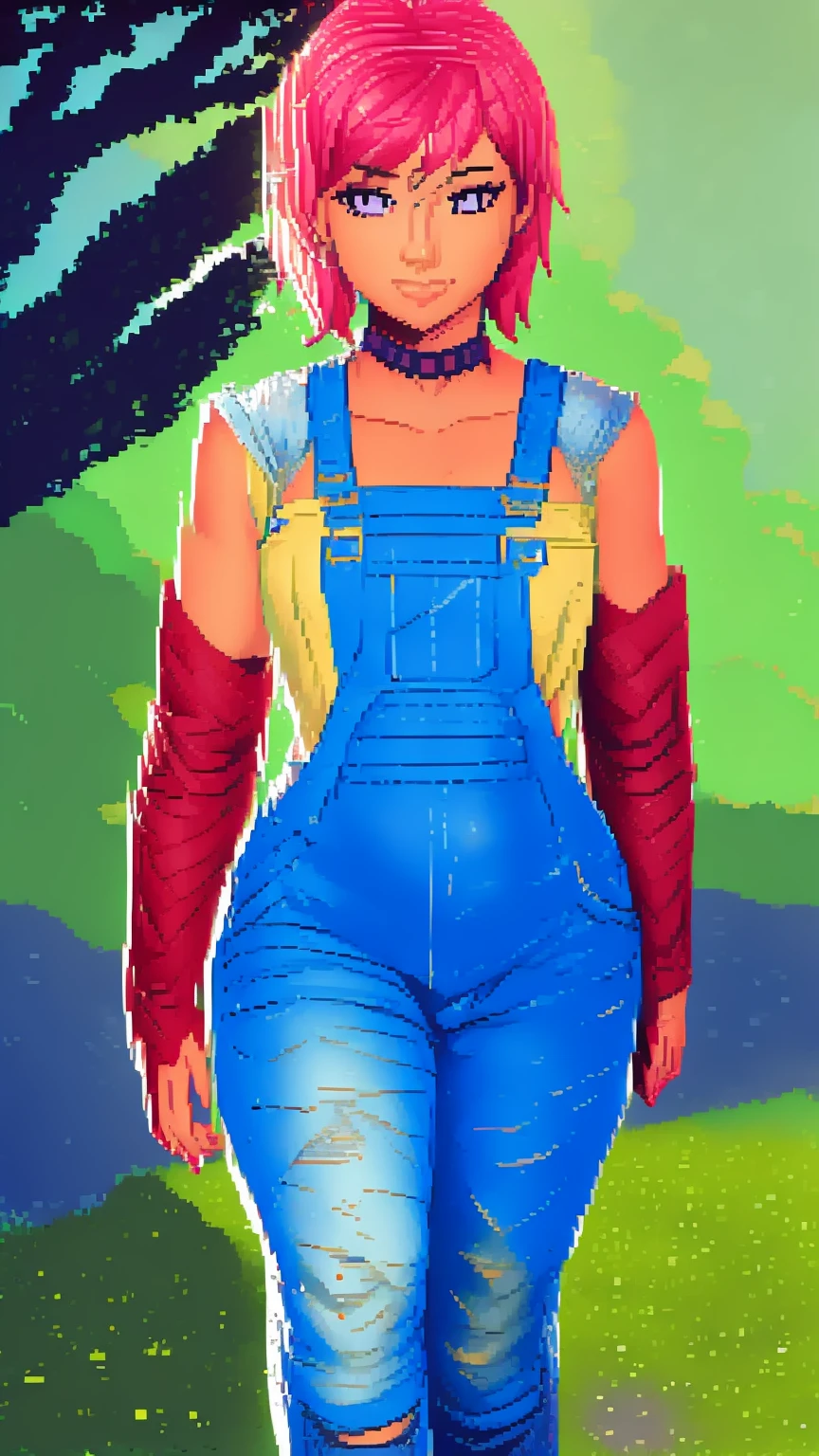 , sad, farm backround, Full body, looking at viewer, 1girl, solo, short pink hair, (dark blue choker), (dark blue denim overalls), (purple eyes), (pink boots), (white shoulder lantern sleeve blouse, tucked in pants