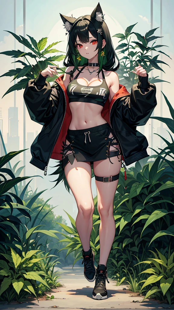 , Croped, , cleavage, slim waist, cropped hoodie underboob, cropped hoodieunderboobhoodie, 1girl, 2 wolf ears, wolf tail, marijuana crop hoodie, crop shorts, marijuana hoodie, spiky hair, spiky fur, green hair, red eyes,marijuana field, tight clothes, perfect eyes, perfect hands, clear resolution, full body, cleavage skin, marijuana plants, open hoodie, marijuana scenery, black thigh high socks, full body, earrings, 1girl, skirt, cleavage, slim waist, cleavage, slim waist, hair pulled back,