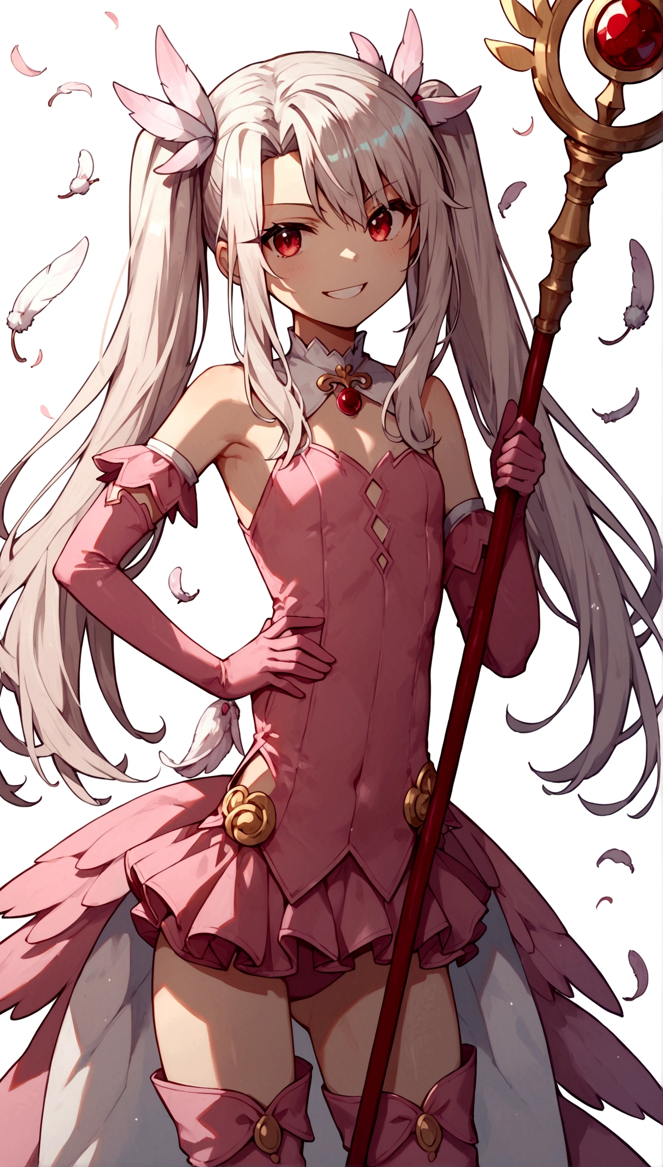 (score_9,score_8_up,score_7_up),(cowboy shot),looking at viewer,1girl,li,illyasviel von einzbern,fate \(series\),white hair,red eyes,long hair,twin tails,hair ornament,feathers,pink dress,elbow gloves,magic girl,pink thigh Boots,standing,simple background,white background,serious grin,standing,((holding rubystaff)),hand on hip,mansion,