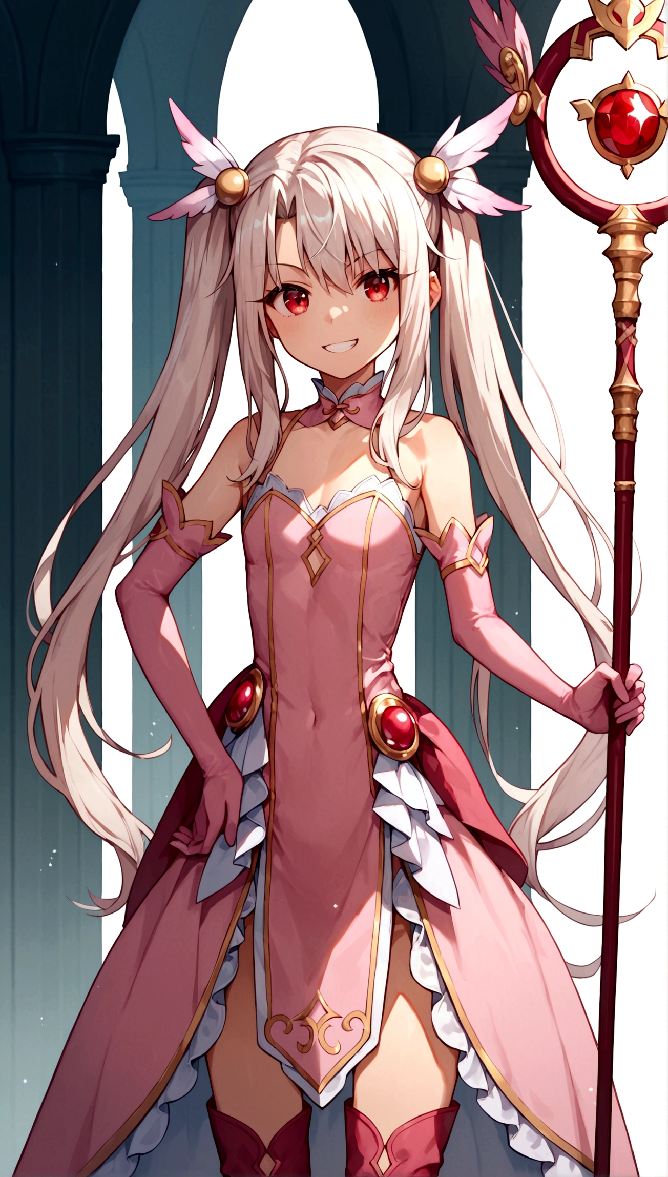 (score_9,score_8_up,score_7_up),(cowboy shot),looking at viewer,1girl,loli,illyasviel von einzbern,fate \(series\),white hair,red eyes,long hair,twin tails,hair ornament,feathers,pink dress,elbow gloves,magic girl,pink thigh Boots,standing,simple background,white background,serious grin,standing,((holding rubystaff)),hand on hip,mansion,