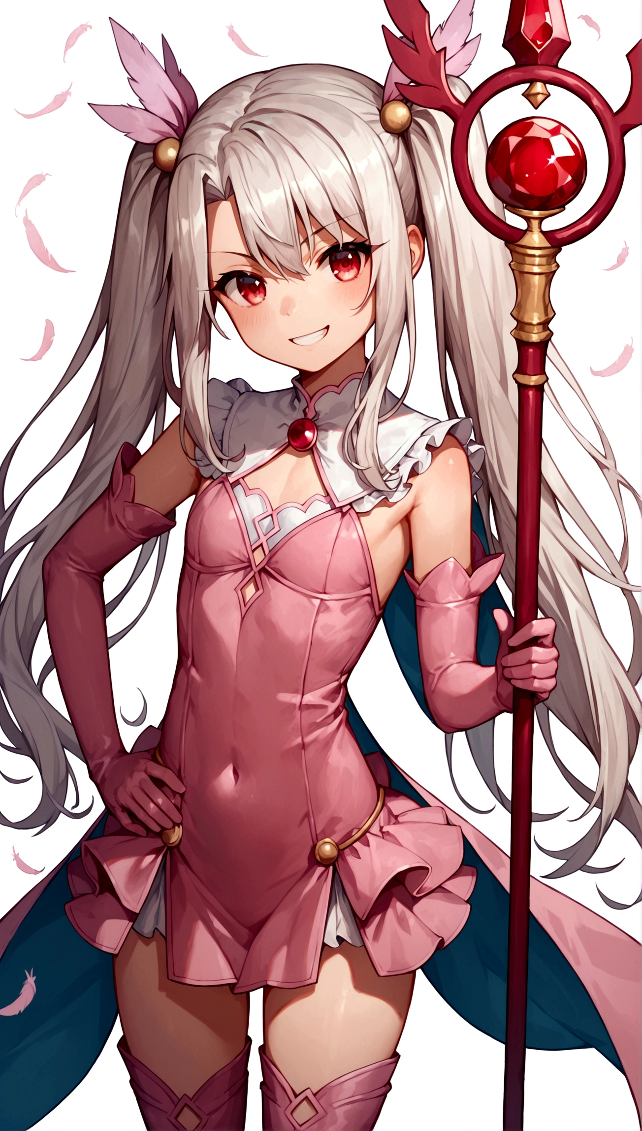 (score_9,score_8_up,score_7_up),(cowboy shot),looking at viewer,1girl,li,illyasviel von einzbern,fate \(series\),white hair,red eyes,long hair,twin tails,hair ornament,feathers,pink dress,elbow gloves,magic girl,pink thigh Boots,standing,simple background,white background,serious grin,standing,((holding rubystaff)),hand on hip,mansion,