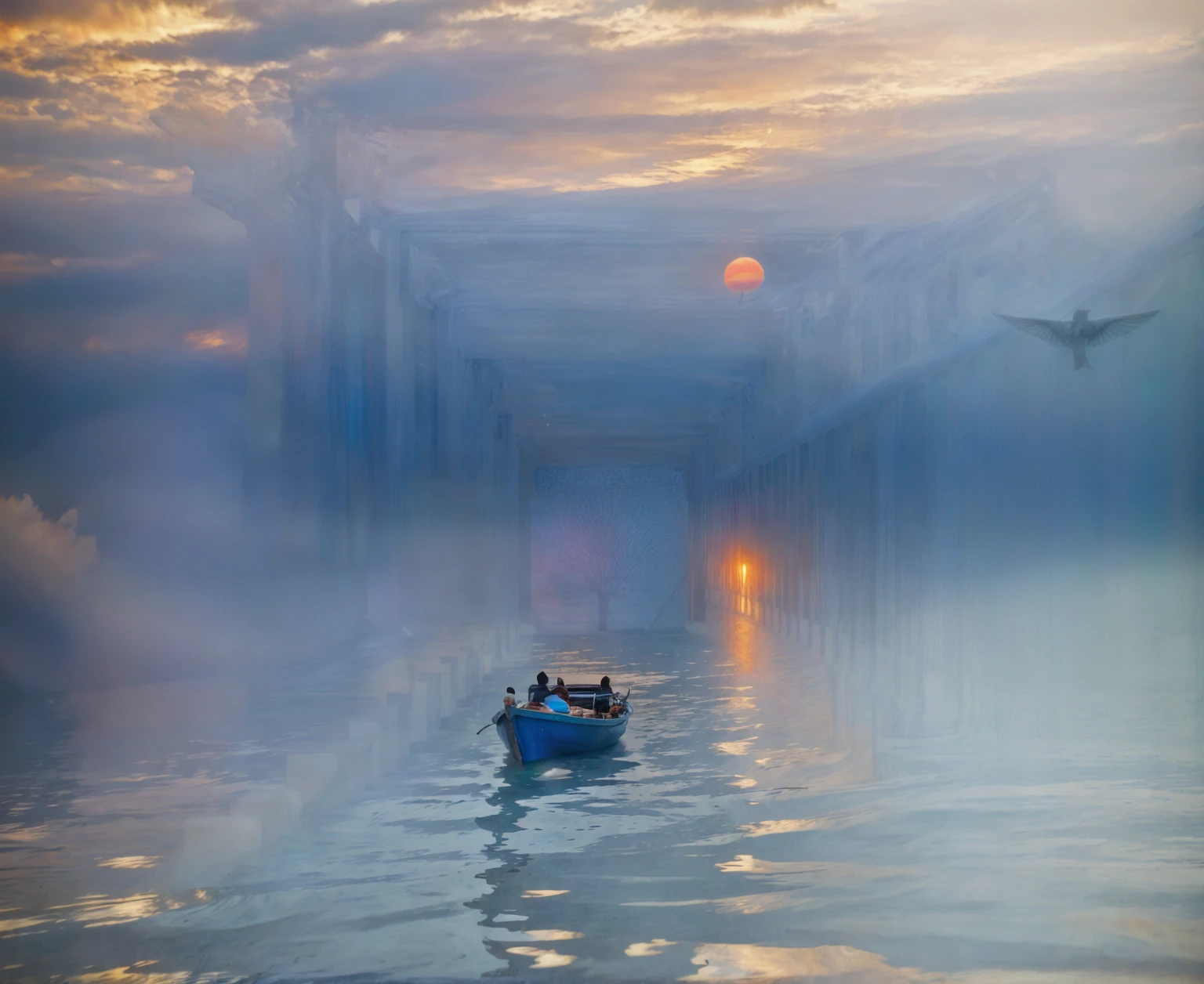 Long exposure photography，Award-winning photography，Practical，In waters with boats，Sunset, ，stunning lighting, Abstract， Claude Monet，Abstract，photography，high quality，blue，orange，Sunset，Beautiful scenery，photo，photoPractical，raw,International Gold Award，National Geographic，