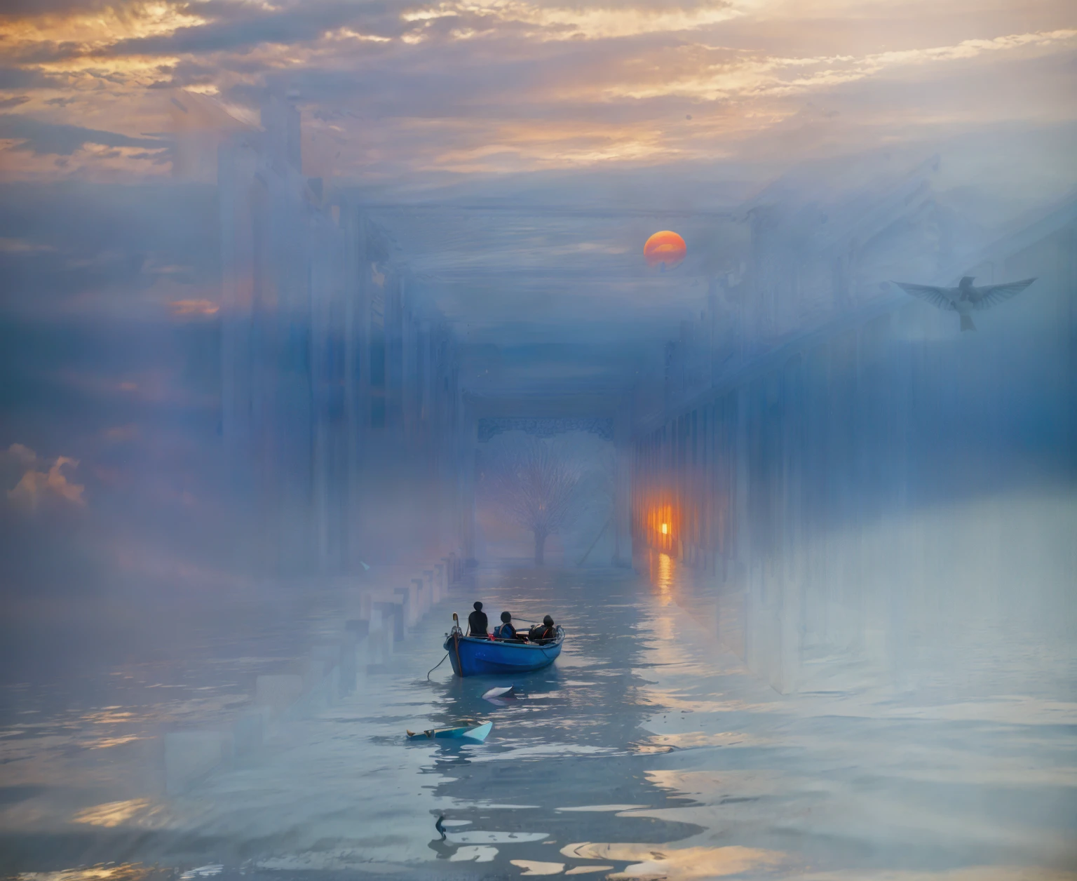 Long exposure photography，Award-winning photography，Practical，In waters with boats，Sunset, ，stunning lighting, Abstract， Claude Monet，Abstract，photography，high quality，blue，orange，Sunset，Beautiful scenery，photo，photoPractical，raw,International Gold Award，National Geographic，