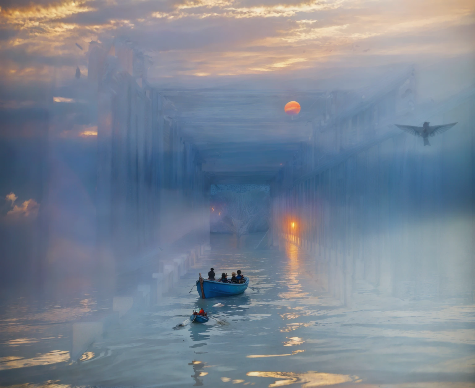 Long exposure photography，Award-winning photography，Practical，In waters with boats，Sunset, ，stunning lighting, Abstract， Claude Monet，Abstract，photography，high quality，blue，orange，Sunset，Beautiful scenery，photo，photoPractical，raw,International Gold Award，National Geographic，