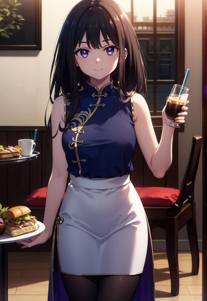 Takiuchi, Check it out, Long Hair, bangs, Black Hair, (Purple eyes:1.2),happy smile, smile, Close your mouth,
Sleeveless blue Chinese dress,Blue long slit,Black pantyhose,Stiletto heels,Tables and chairs, food, drink, tray, tray in one hand,whole bodyがイラストに入るように,Walking,
break indoors,Chinese style coffee shop,
break looking at viewer, whole body,
break (masterpiece:1.2), Highest quality, High resolution, unity 8k wallpaper, (shape:0.8), (Fine and beautiful eyes:1.6), Highly detailed face, Perfect lighting, Highly detailed CG, (Perfect hands, Perfect Anatomy),
break outdoors, city,
break looking at viewer, (Cowboy Shot:1.5),
break (masterpiece:1.2), Highest quality, High resolution, unity 8k wallpaper, (figure:0.8), (Beautiful attention to detail:1.6), Highly detailed face, Perfect lighting, Highly detailed CG, (Perfect hands, Perfect Anatomy),