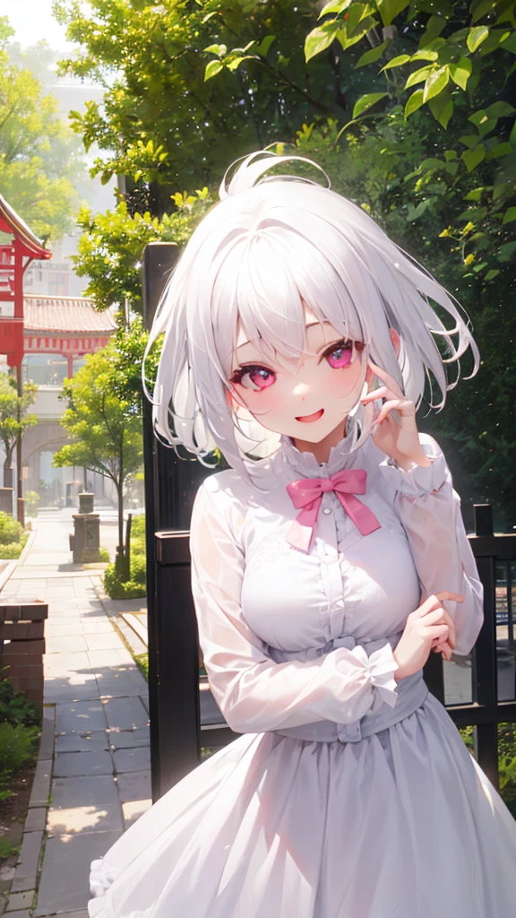 White Hair、Pink Eyes、Short Hair、laughing、Only one girl、alone、Cute、Face is close、Daytime、at the park、it's raining、With an umbrella