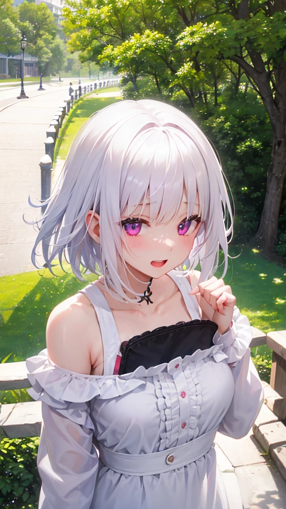 White Hair、Pink Eyes、Short Hair、laughing、Only one girl、alone、Cute、Face is close、Daytime、at the park、it's raining、With an umbrella
