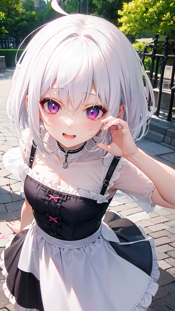White Hair、Pink Eyes、Short Hair、laughing、Only one girl、alone、Cute、Face is close、Daytime、at the park、it&#39;s raining、With an umbrella