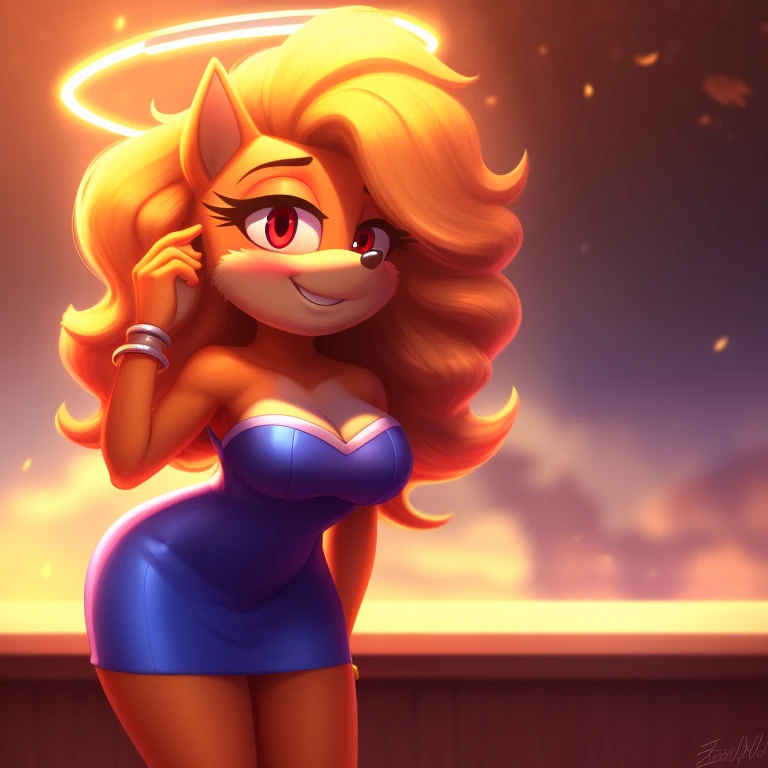 Tawna bandicoot, strapless tight dress, cleavage, curly hair, halo, sunglasses, jewelry, red eyes, longeyelashes, red eyes, smile, shy, blush, high detail, masterpiece, UHD, anatomically correct, super detail, highres, 4K