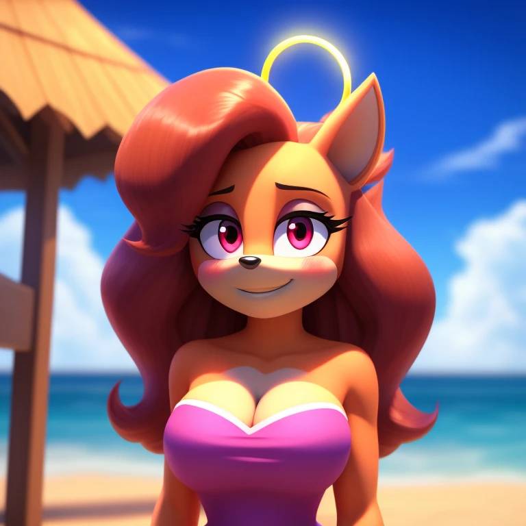 Tawna bandicoot, strapless tight dress, cleavage, curly hair, halo, sunglasses, jewelry, red eyes, longeyelashes, red eyes, smile, shy, blush, high detail, masterpiece, UHD, anatomically correct, super detail, highres, 4K