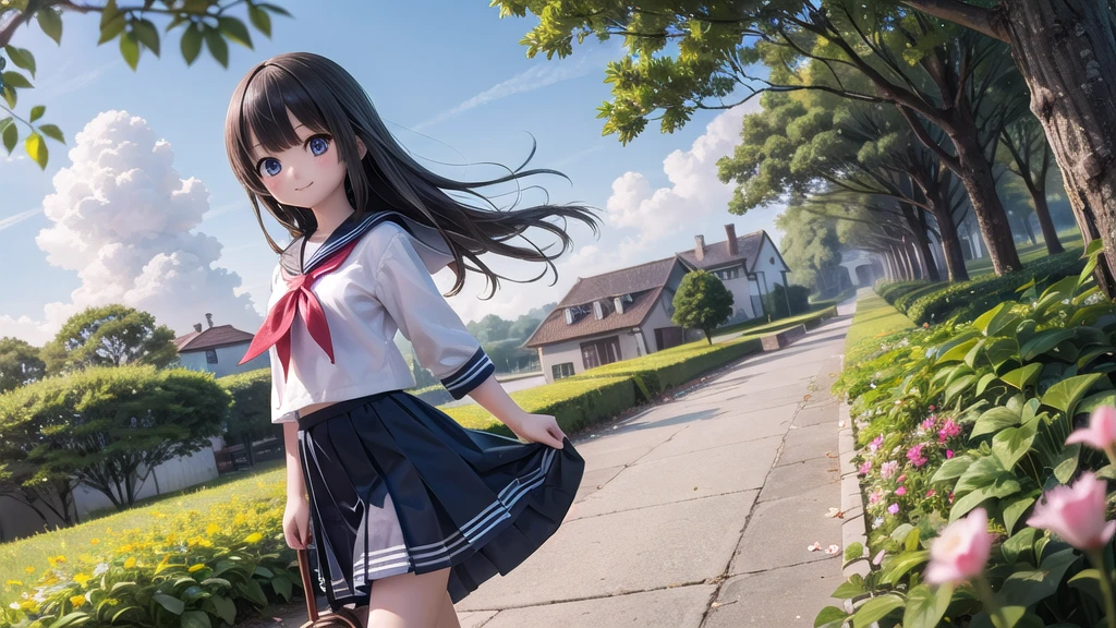 (masterpiece),  town,  blue sky,  One Girl,  smile,  alone,  Sailor suit、Long skirt,  Overgrown,  petal,  plant、Skirt lining、Translucent slip、Nostalgic