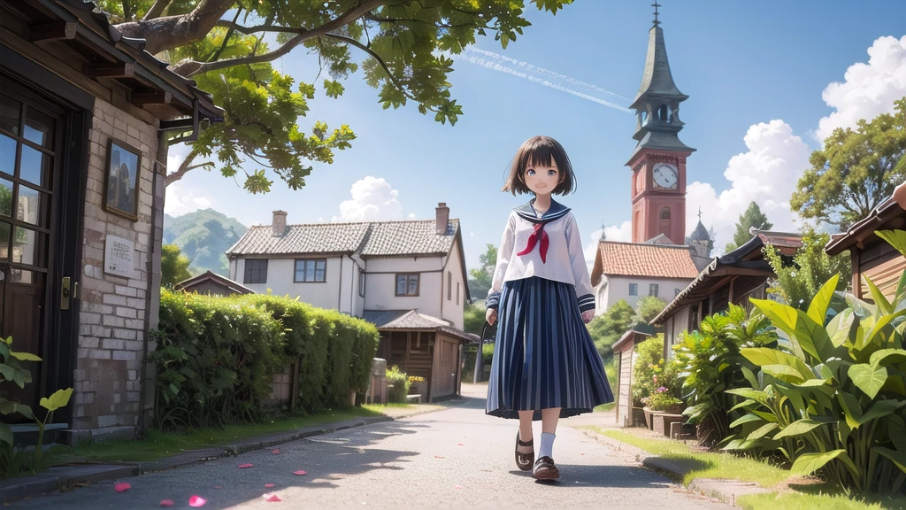 (masterpiece),  town,  blue sky,  One Girl,  smile,  alone,  Sailor suit、Long skirt,  Overgrown,  petal,  plant、Skirt lining、Translucent slip、Nostalgic