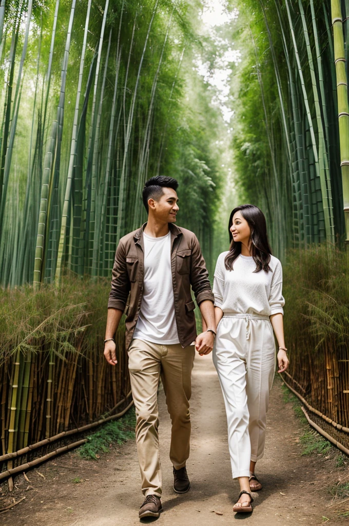 Lovly couple walking in bamboo forest with handling hand, proper clothing, hd image, well definited faces