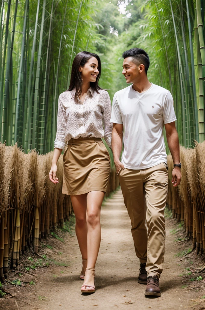 Lovly couple walking in bamboo forest with handling hand, proper clothing, hd image, well definited faces