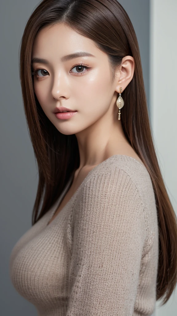 Beauty, Detailed facial features, Perfect figure, Elegant Japanese Goddess, Gorgeous Chinese Model, Realistic and vivid, Earrings, Fashionable and young々Shii, Solo Portrait, Close-up photography, Brown Hair, Highest quality, 4K, 8K, High definition, masterpiece, Super Detail, Vibrant close-up portrait in color, Studio Lighting, Physically Based Rendering, Sharp Focus, Professional photographer, Blonde, uniform, Pull-up,gray V-neck-sweater