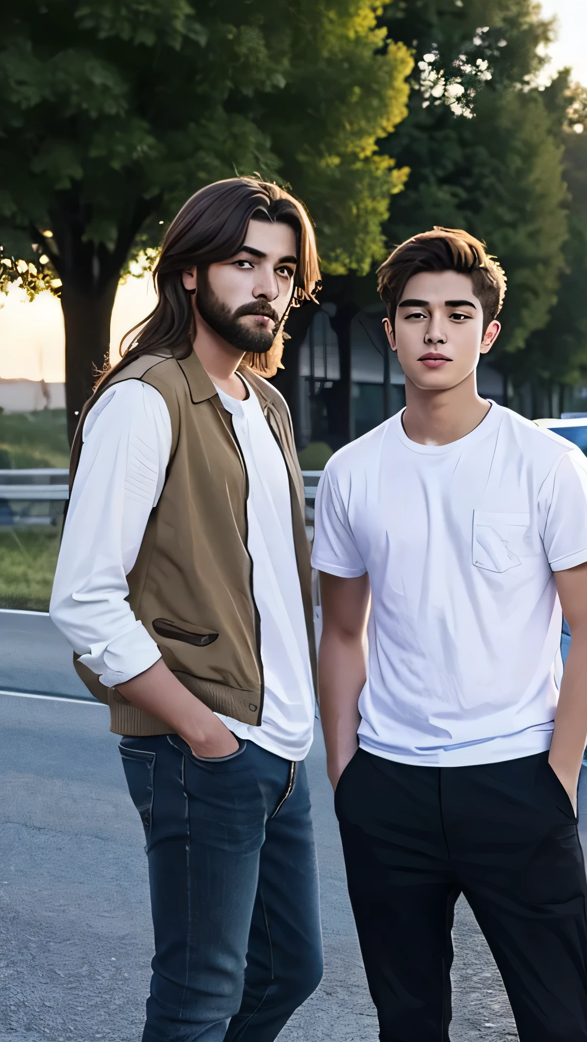 Two age young, no bearded American men are standing with their hands in their pockets. One is leaning against a car. They are positioned in the middle of the highway. One man is tall, handsome, and has short hair, while the other is handsome with long hair.