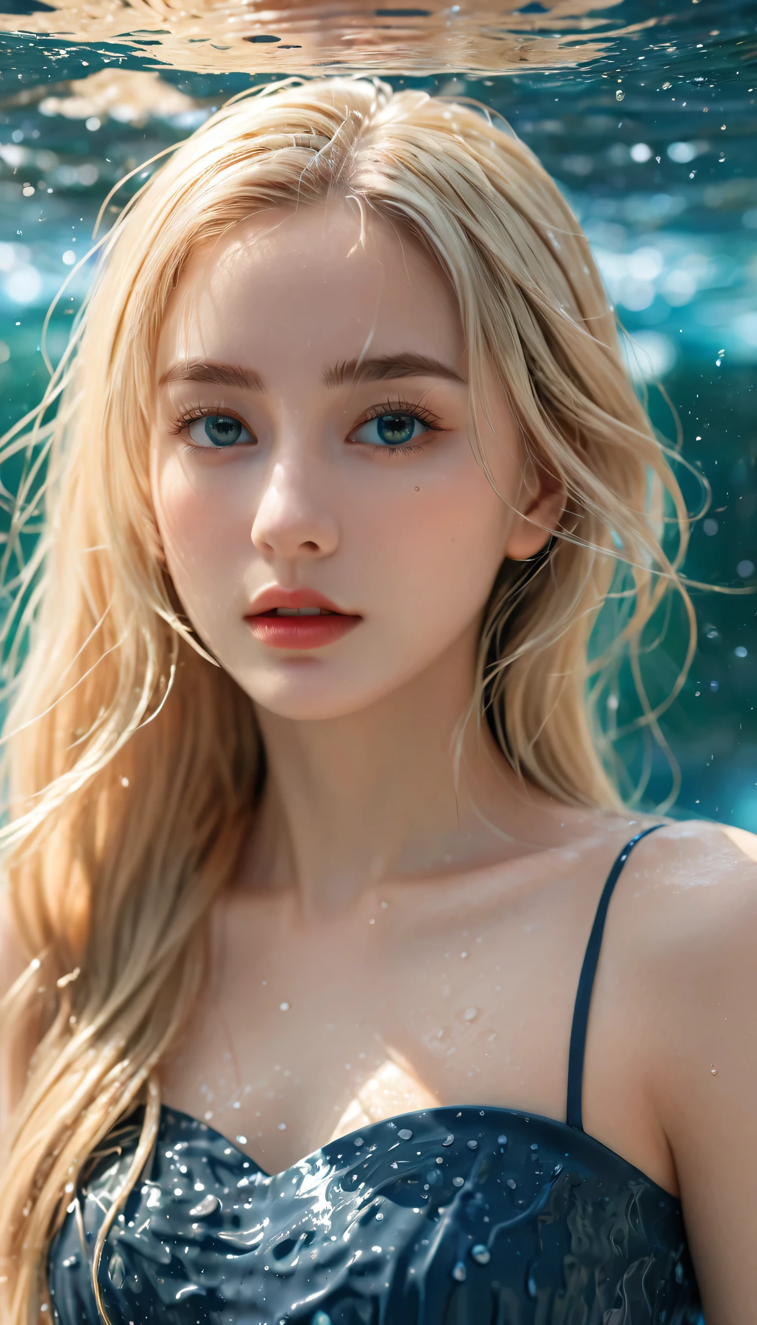 masterpiece, best quality, Ultra Detailed, illustration, Beautiful details, Depth of Field, Dynamic Angle, 8K wallpaper, portrait, Best light and shadow quality, 4K, 8K, CG, Fine details, Blurred background, Upper Body, contemporary, skirt, Blonde, Long hair, beautiful eyes, Beautiful water splash