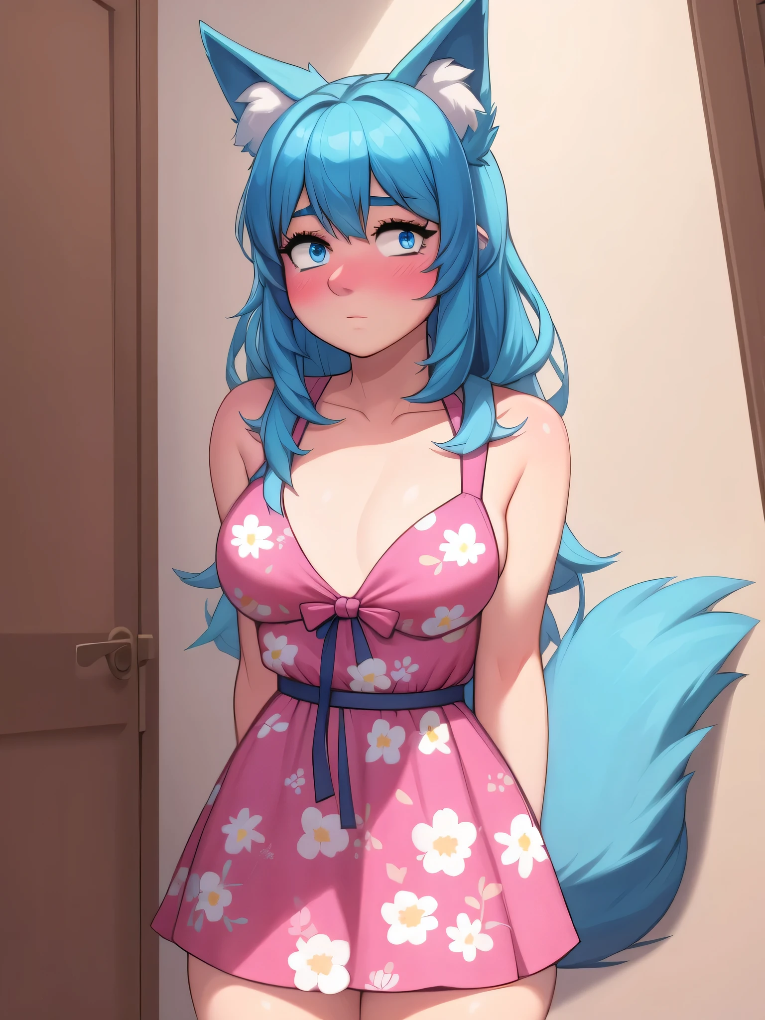 (Masterpiece) (High Detail) (High Res) A close up of a short humanoid girl with pale human skin and blue eyes and long blue hair and blue dog ears and a fluffy blue dog tail and average breasts. She is stood in the corner at a house party. She is wearing a summer dress with a floral pattern on it. She has her hands behind her back out of shot. She has blushing cheeks and looks nervous.