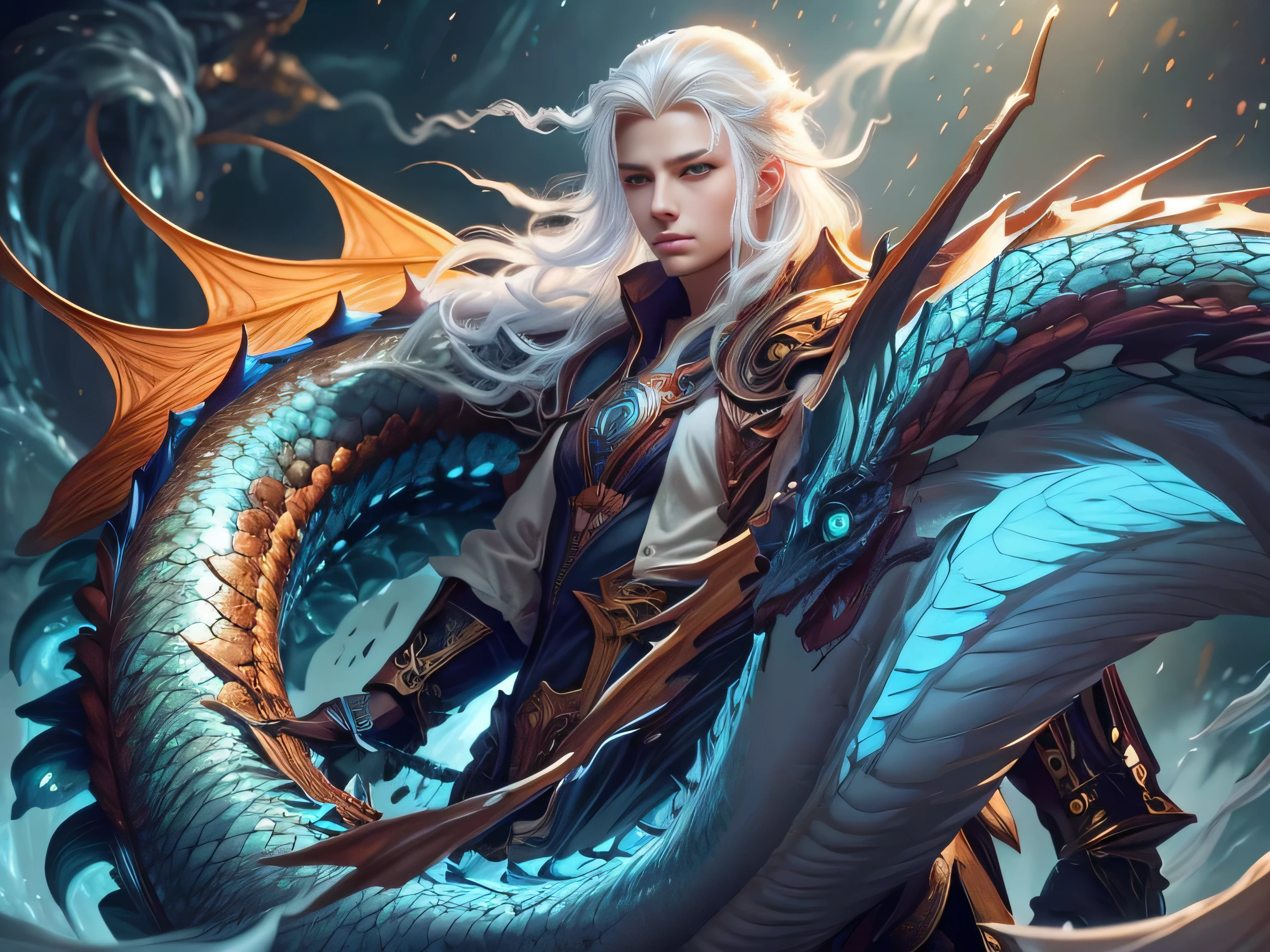 (Best Quality, 8K, Masterpiece, HDR, Soft Lighting, Picture Perfect, Realistic, Vivid), Male Humanoid Dragon (1.0), 1 Guy, Perfect Face, Super Detailed Photo of a Gorgeous Humanoid Dragon Man with Long White Hair, Side by Side lies a white dragon, Beautiful anime fantasy, background blur, anime fantasy, work in the style of Gouves, realism: 1.37, long white hair, plump lips, (Ultra high quality fantasy art), Masterpiece, male model, male character ultra high quality designs, detailed 8k anime art, realistic anime art, highest quality wallpapers, intricate ultra high quality accurate male characters faces, high quality designs and accurate physics (fantasy - ultra high quality art), dark fantasy style), masterpieces, super high quality quality characters, anime resolution - 8K, realistic anime art, wallpapers with the highest quality illustrations, ultra-high detail faces, high-quality design and accurate physics), color, depth of field, shadows, ray tracing, high-quality execution. -high quality and 8K resolution, (Accurate simulation of the interaction of light and materials)], [High-quality hair detail [Read more about beautiful and shiny white hair]], (Beautifully detailed hands [perfect fingers [Perfect nails]]], (perfect anatomy ( perfect proportions)))) [[Full-length]], [Perfect combination of colors (Accurate imitation of the interaction of light and material)], [art that conveys the meaning of the story](modified)