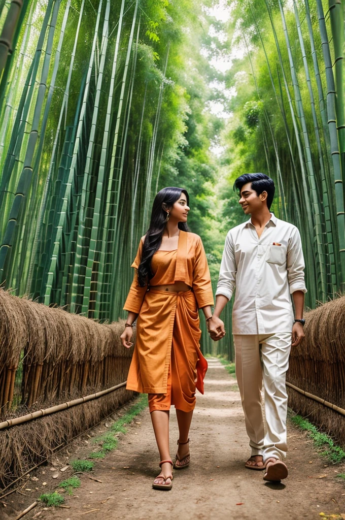 Lovly indian anime couple walking in bamboo forest with handling hand, proper clothing, hd image, proper definition face
