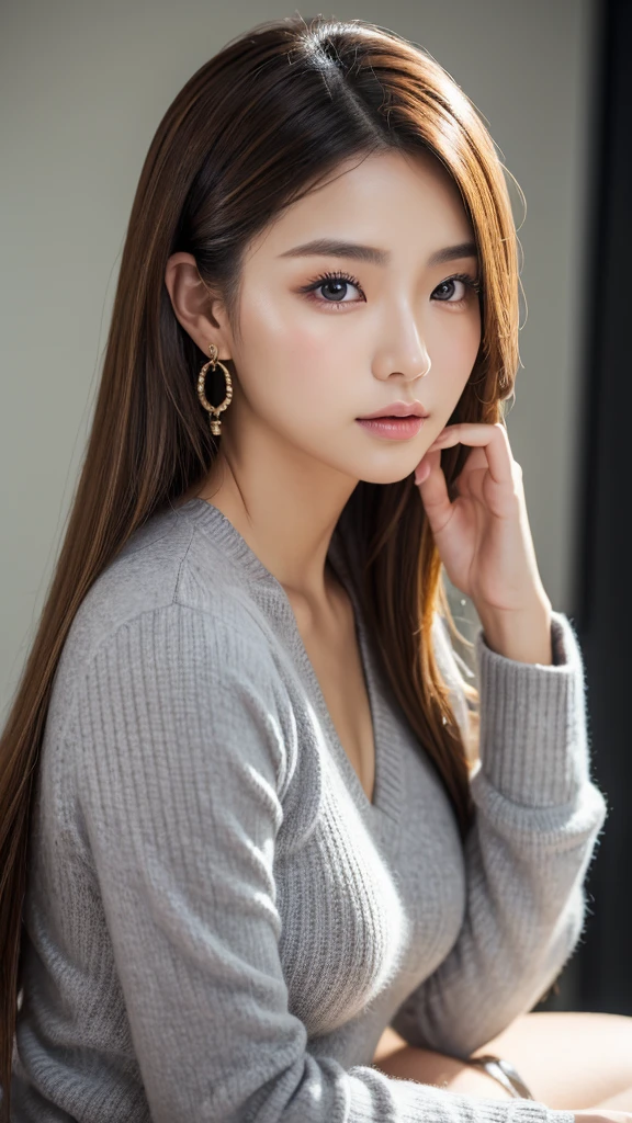 Beauty, Detailed facial features, Perfect figure, Elegant Japanese Goddess, Gorgeous Chinese Model, Realistic and vivid, Earrings, Fashionable and young々Shii, Solo Portrait, Close-up photography, Brown Hair, Highest quality, 4K, 8K, High definition, masterpiece, Super Detail, Vibrant close-up portrait in color, Studio Lighting, Physically Based Rendering, Sharp Focus, Professional photographer, Blonde, uniform, Pull-up,gray V-neck-sweater